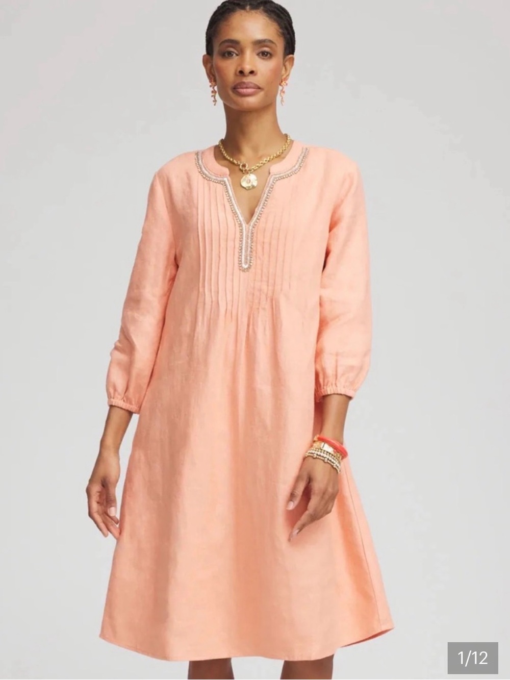 Chico's Pintuck Embellished Beaded 100% Linen Dress Peach Womens Size 3 (XL-16)